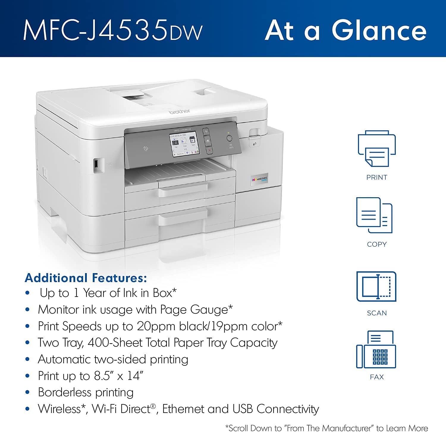 Brother MFC-J4535DW INKvestment Tank All-in-One Color Inkjet Printer with NFC, Auto 2-Sided Printing, Print Scan Copy Fax, Built-in wireless, 4800 x 1200 dpi, White - Bundle with JAWFOAL Printer Cable