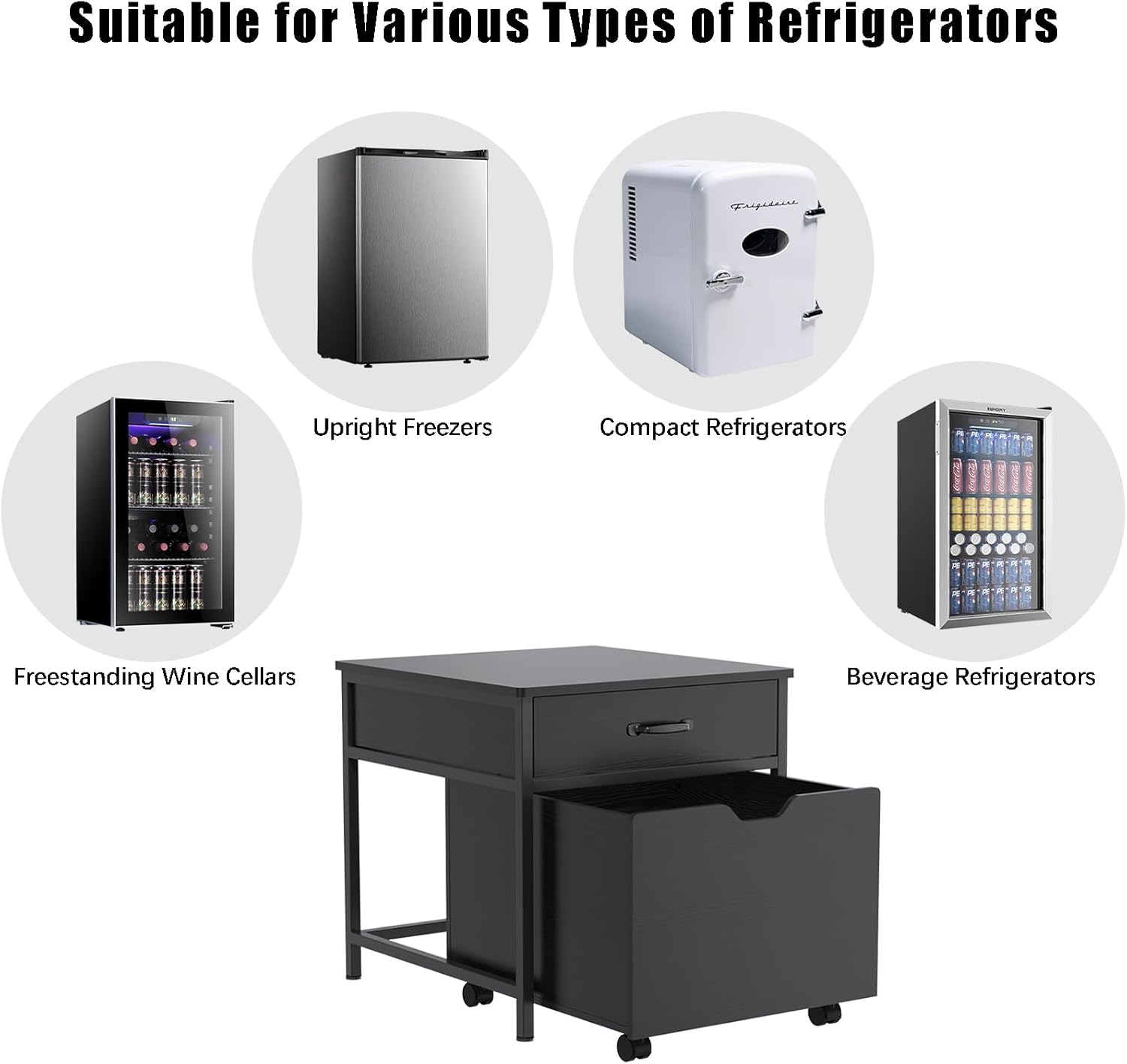 GDLF Mini Fridge Stand with Storage, Heavy Duty Mini Fridge Table with Rolling Cabinet 220LBS Capacity Tabletop for Dorm, Apartment,Office, Bedroom