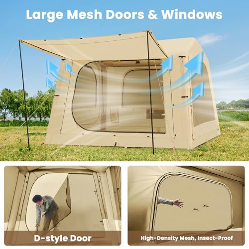 Inflatable Tents for Camping, Blow Up Tent with Hand Pump, Easy Setup Inflatable Hot Tent with Stove Jack, Waterproof Oxford Air Glamping Tents for Camping Adult 4-6 Person