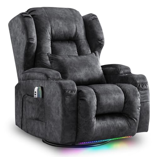 Power Recliner Chair, 270° Swivel Rocker Recliner Chair for Adult with Massage & Heat, Electric Swivel Glider Reclining Sofa Chair for Living Room with USB, Led Light, Lumbar Pillow (Grey)