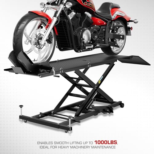 DNA MOTORING Motorcycle Lift Table 1000lbs Capacity Motorcycle Support Stand L 86.2in x W 22in Motorcycle Lift Jack Lifting Range 7.2-30.3in Black TOOLS-00780