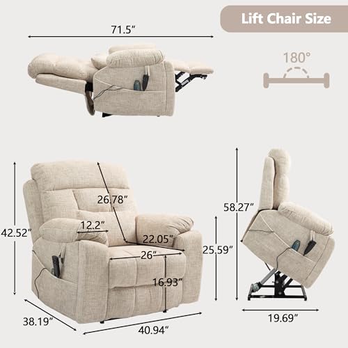 Power Lift Chair Lay Flat Recliner Infinite Position Electric Dual Motor Stand Up Lift Chair with Massage and Heat for Adults,Heavy Duty Recliners with 2 Remote Controls and Two Cup Holders