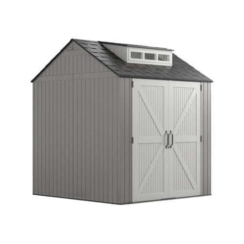 Large Resin Outdoor Storage Shed with Floor (7-10.5 Ft) - Weatherproof Double Wall Construction for Lawn Mowers, Garden Tools, Bike & Pool Supplies, Lockable (Brown, 7x7 FT)