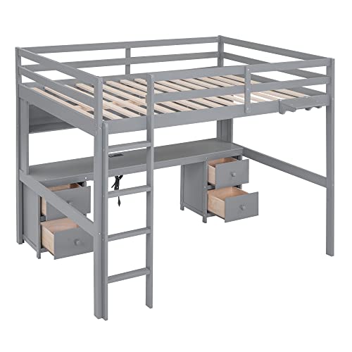 Full Size Loft Bed with Desk and Storage, Wooden Loft Beds Frame with Charging Station, High Loft Beds with 4 Drawers & 4 Shelves & 2 Outlets & 2 USB Port for Kids Teens Adults, Gray