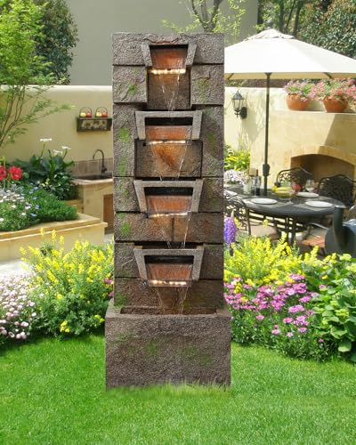 41.1" Water Fountain Outdoor Floor-Standing Garden Fountain Modern Waterfall Fountain with LED Lights 4 Tier Rock Fountain for Porch, Patio, Garden, Backyard