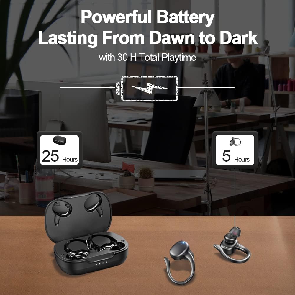Wireless Earbud, Bluetooth 5.1 Ear Buds Sport Headphones IP7 Waterproof 30H Playtime in Ear Earhooks Buds Deep Bass Stereo Sound CVC 8.0 Noise Cancelling Wireless Earphones for Running Workout Gym Pack of 2