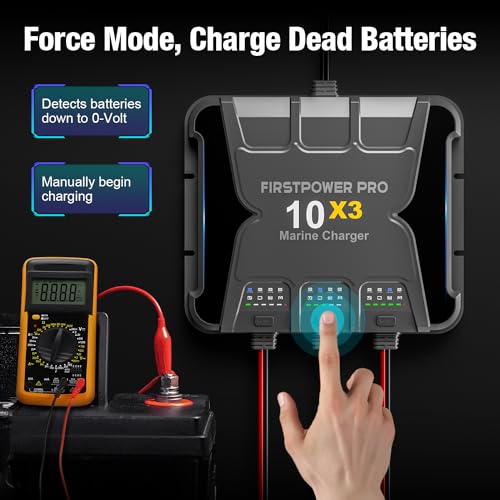 3 Bank Marine Battery Charger 10X3, 30A (10A/Bank) - 12V Waterproof Onboard Battery Charger, Battery Maintainer & Desulfator for SLA/AGM, Lithium (LiFePO4), Calcium & Deep-Cycle Battery - Charged 24/7