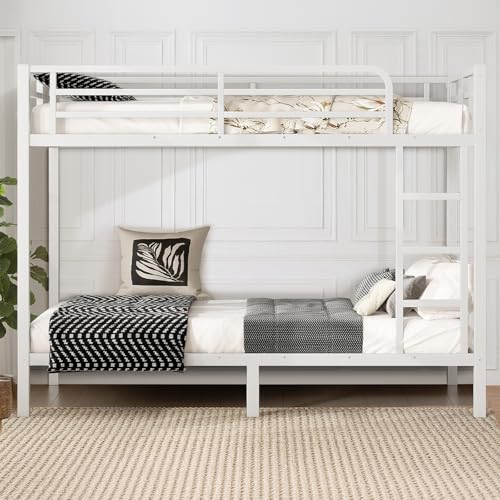 Twin XL Over Twin XL Bunk Bed, Metal Bunk Bed Frame Heavy Duty Bunk Beds Loft Bed Frame with Ladder and Guardrail Metal Slats No Box Spring Required for Adults Teens, Black