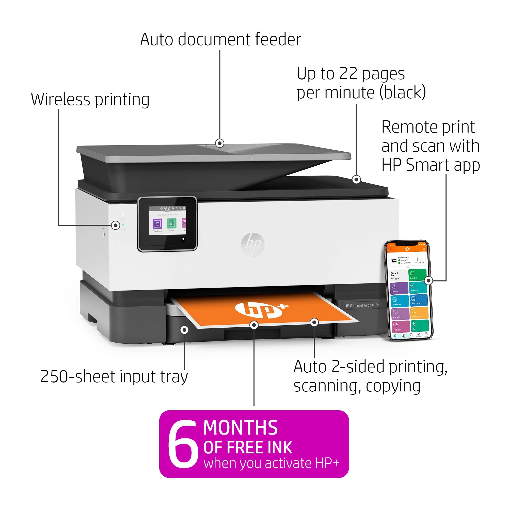 HP Officejet Pro 9015e Inkjet Multifunction Printer-Color-Copier/Fax/Scanner-32 ppm Mono/32 ppm Color Print-4800x1200 dpi Print-Automatic Duplex Print-25000 Pages-250 sheets Input-Color Flatbed Sca...