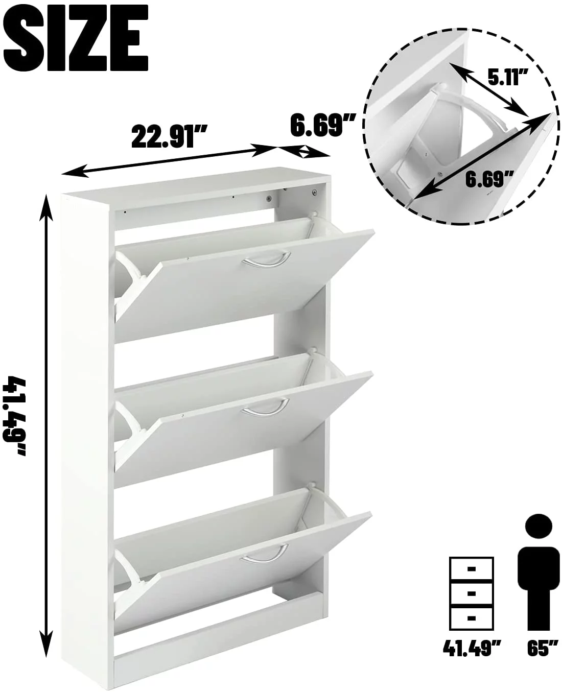 LAZZO Shoe Cabinet for Entryway, White Narrow Shoe Storage Cabinet Flip Down Shoe Rack Wood 3 Tier Shoe Organizer for Home and Apartment