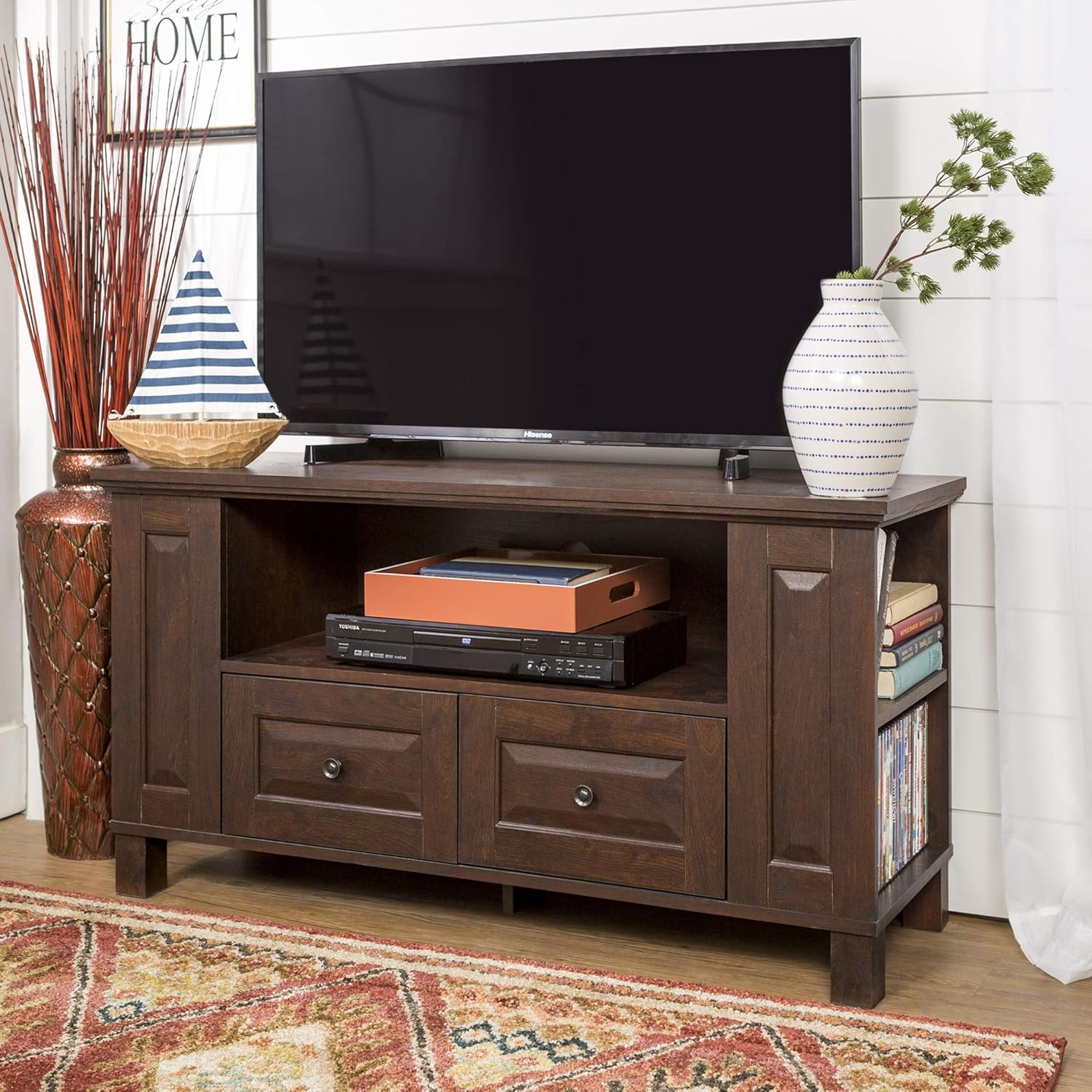 Walker Edison Traditional Wood Universal TV Stand with Storage Cabinets for TV's up to 65 Living Room Entertainment Center, 44 Inch, Traditional Brown
