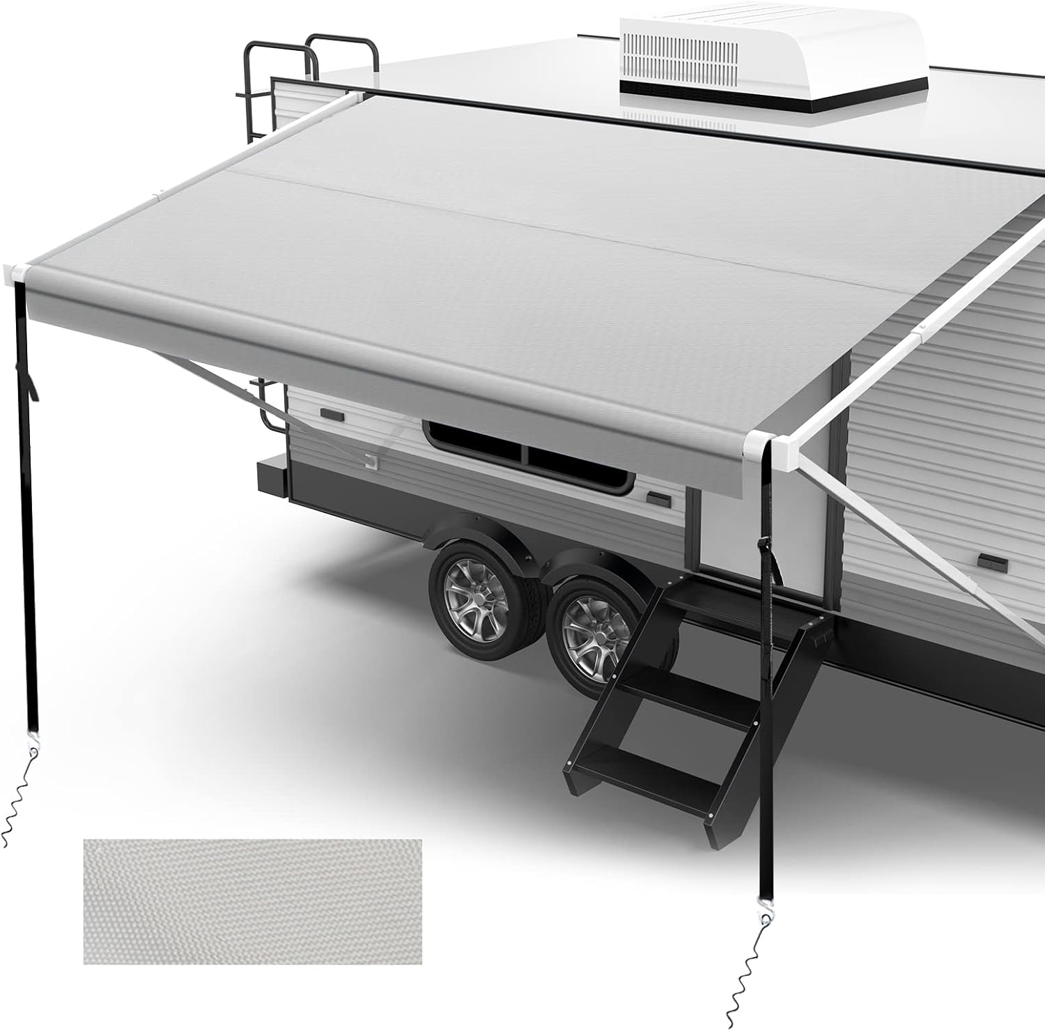 Fonzier 280GSM RV Awning Fabric Replacement Solution Dyed Fabric Camper Awning Replacement Fabric with Awning Anchor Kits & Pull Tension Strap for RV Trailer Motorhome - 21'(Fabric 20'2"), Gray