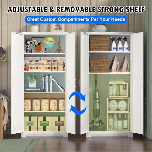 Metal Storage Cabinet with Doors and Shelves, 71 Inch Tall Kitchen Pantry Cabinet, Pantry Cabinets for Kitchen Storage, Freestanding Cupboard for Living, Dining Room, White, Assembly Required