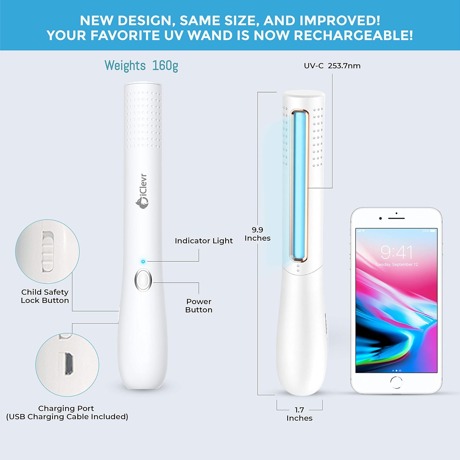 UV-C Light Sanitizer Wand - Powerful 253nm UV Sterilizer Rechargeable Handheld Ultraviolet Portable 99.99% Disinfection for Home, Office, Travel - Total Transparency with UVC Test Card Included
