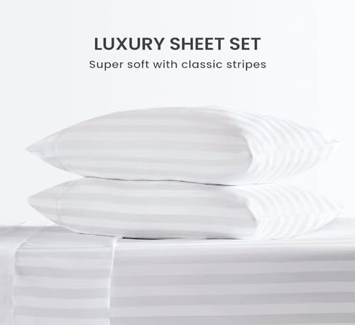 CASA ESENCIA 100% Egyptian Cotton Sheets King Size – 1000 Thread Count White Striped King Bed Sheet – 4 Piece Bedding Set - Extra Deep Pocket Fits Upto 17” – White Stripe Hotel Luxury Sheets