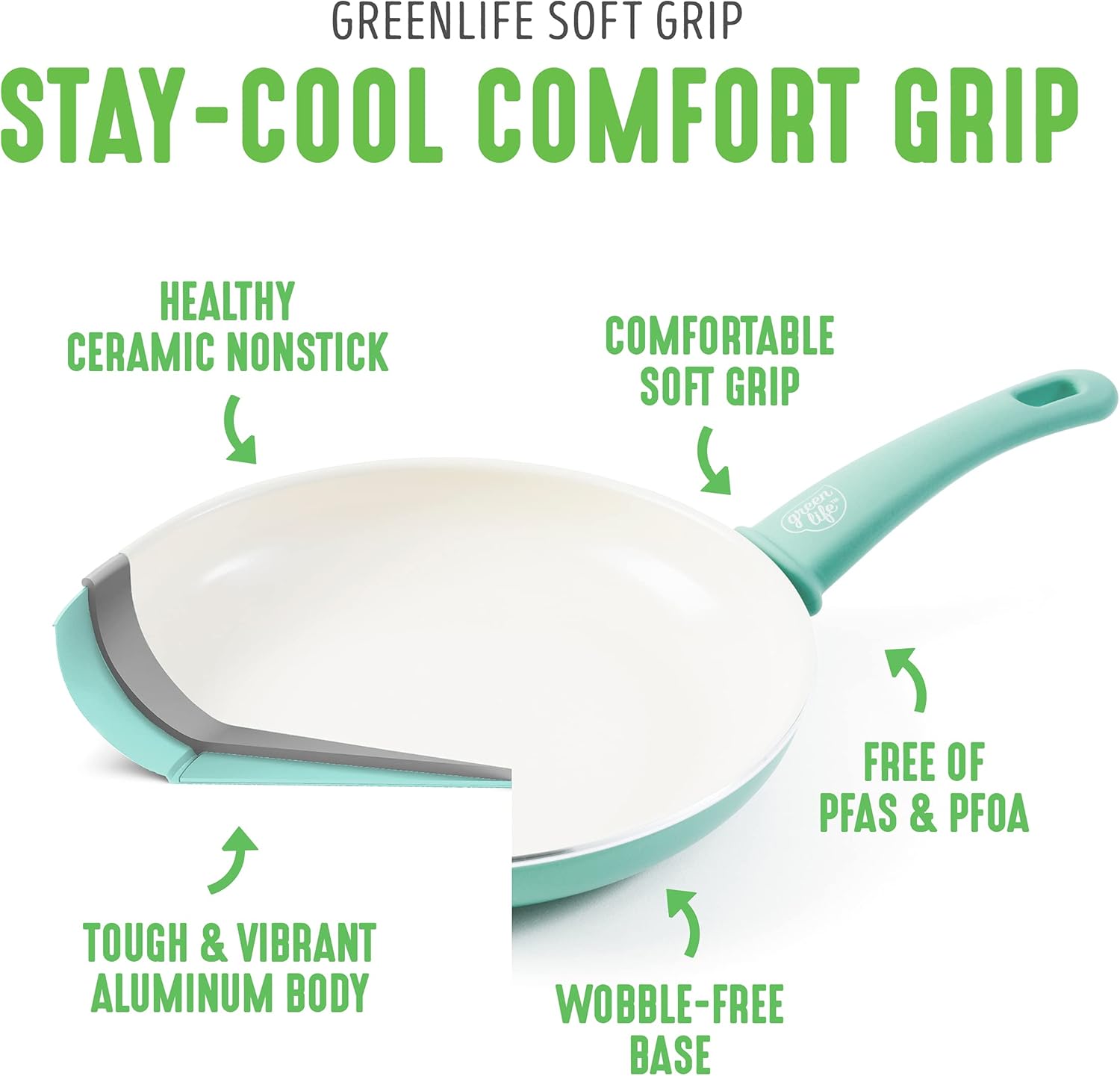 GreenLife Soft Grip Healthy Ceramic Nonstick 16 Piece Cookware Pots and Pans Set, Turquoise & Soft Grip Healthy Ceramic Nonstick, 11" Griddle Pan, Turquoise