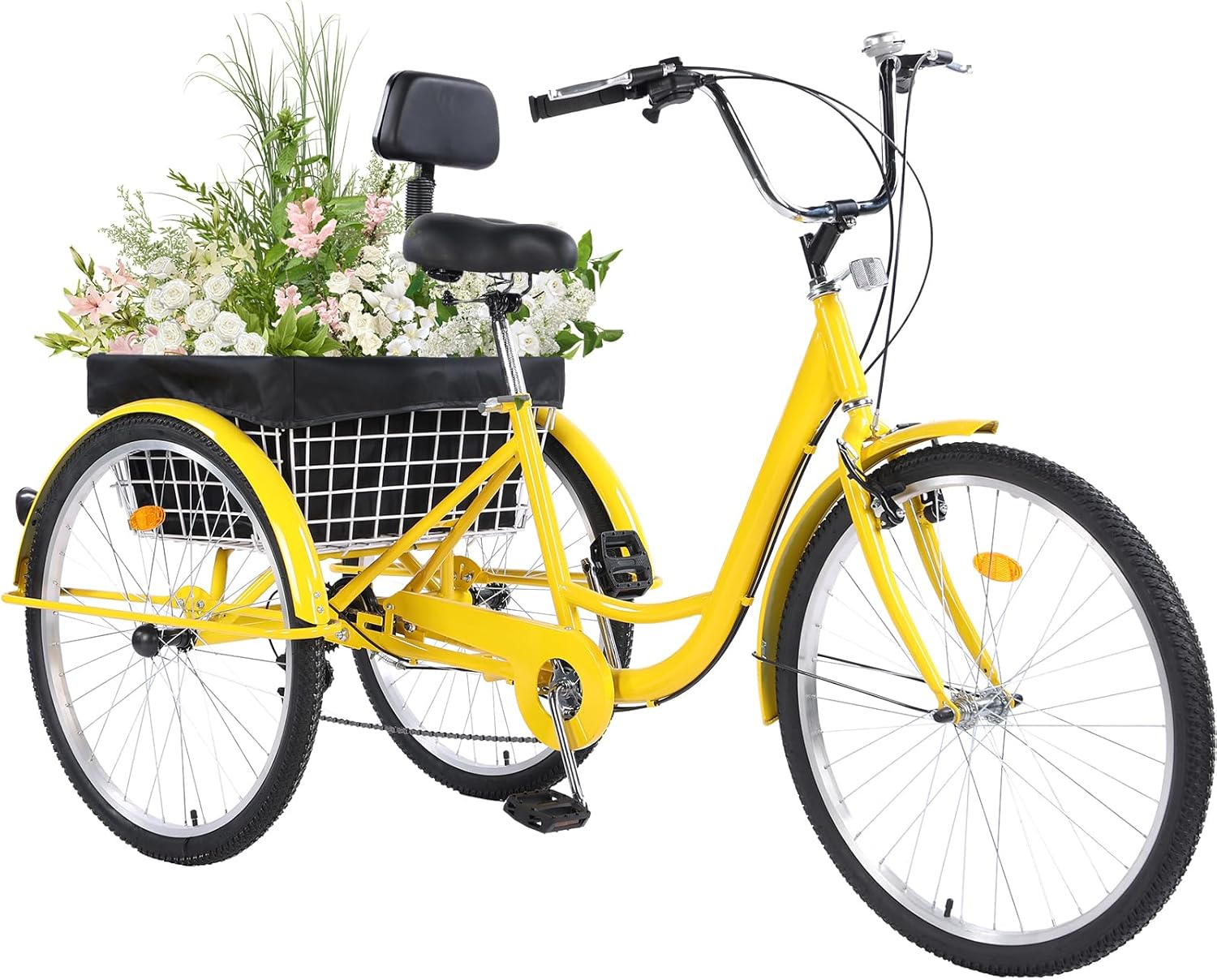 Adult Tricycle 26 inch 7 Speed, Three Wheel Bicycle for Adult, Trike Cruiser W/Tools & Big Basket for Exercise Shopping Picnic Outdoor Activities Yellow