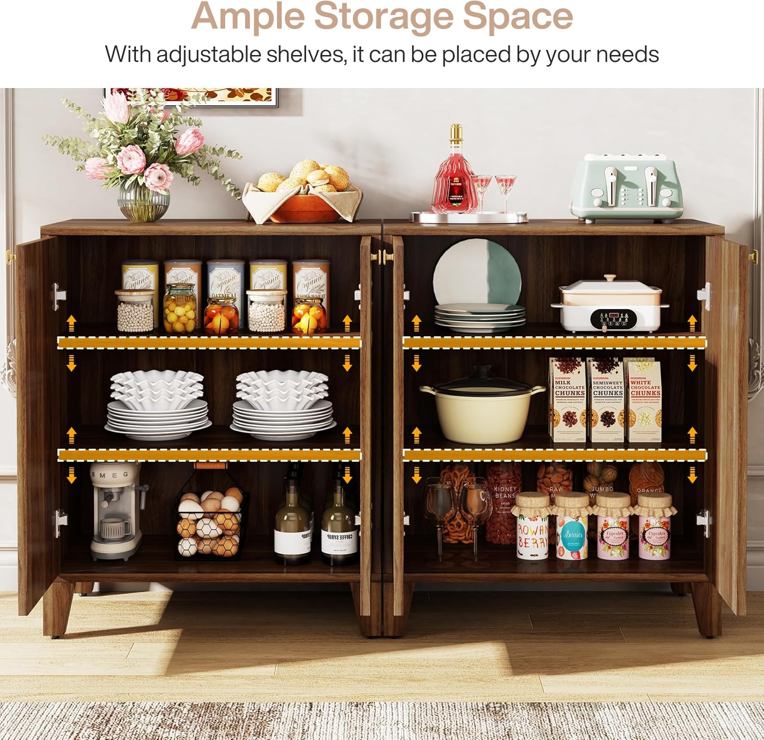 Tribesigns Buffet Cabinet with Storage, 59" Wood Sideboard Cabinet with 4 Doors and Adjustable Shelves, Coffee Bar Cabinet Credenza Storage Cabinet for Kitchen, Dining Room, Living Room, Rustic Brown