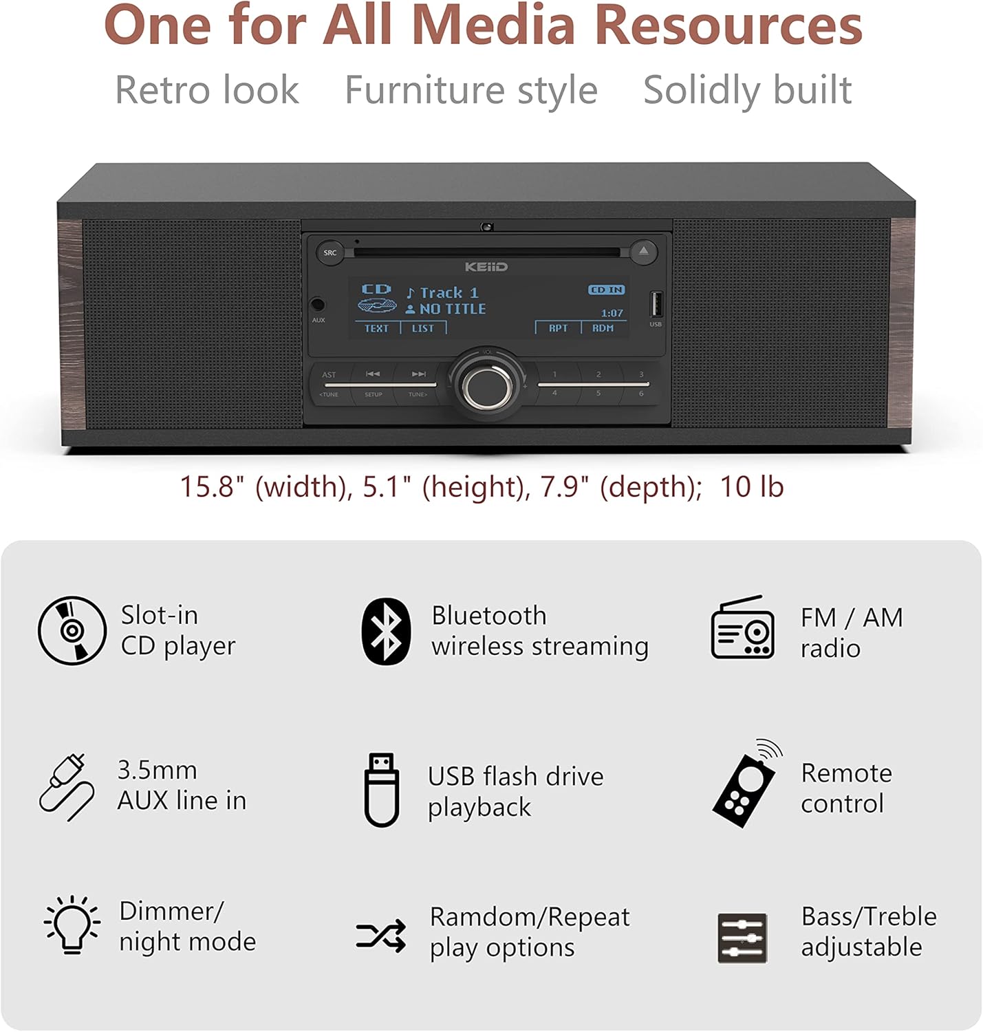 KEiiD Retro CD Players for Home with Speakers Wooden Stereo System Booombox with Bluetooth Receiver FM/AM Radio Tuner USB AUX, Bass/Treble Adjustable
