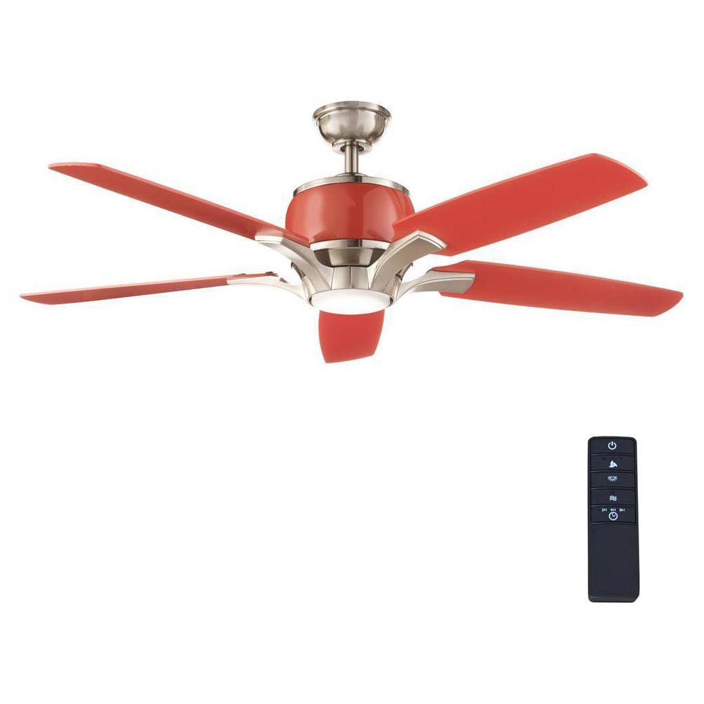 Home Decorators Collection Raymont 52 in. Integrated LED Indoor Brushed Nickel and Red Ceiling Fan with Light Kit and Remote Con