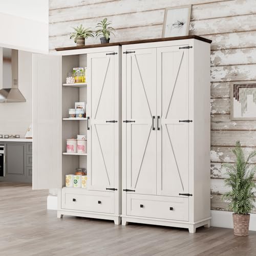 Farmhouse Kitchen Pantry Cabinet, 72" Tall Storage Cabinet with Adjustable Shelves & Barn Doors, Freestanding Kitchen Cupboard for Dining Room, Living Room, Barnwood+White