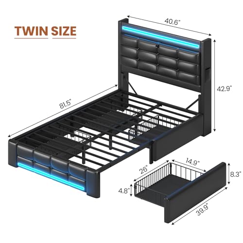 ADORNEVE Queen Bed Frame with Storage Headboard & 4 Drawers, LED Bed Frame Queen with Charging Station, Leather Upholstered Platform Bed Frame with Button Tufted, No Box Spring Needed, Black PU