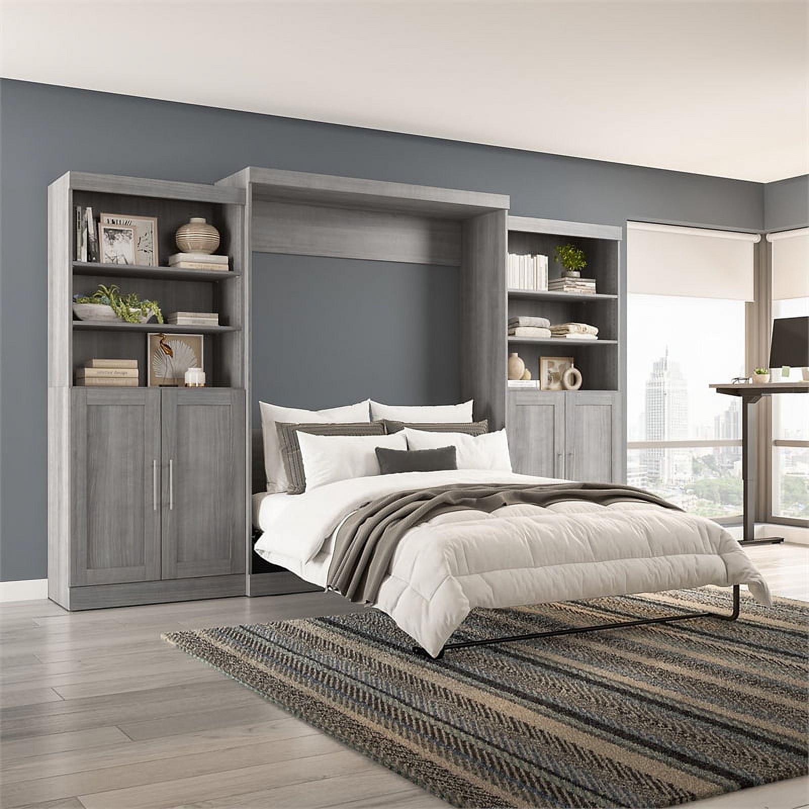 Bestar Pur Modern Engineered Wood Queen Murphy Bed w/ Closet Storage in Gray