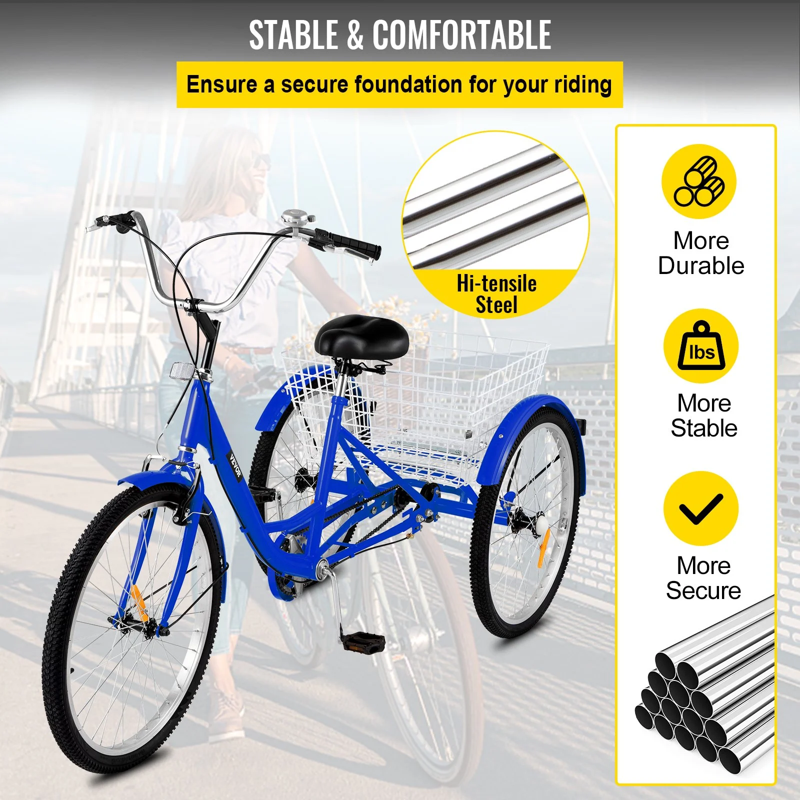 Vevor  24 in. 1-Speed 3 Wheel Blue Exercise Adult Tricycle with Large Basket