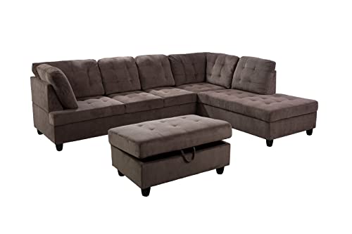 112''*84'' Sectional Couch, Corduroy Sectional Sofa Set, L Shaped Sofa Set for Living Room, Living Room furniture Set Apply to Home, (Sectional Sofa+Ottoman) Brown