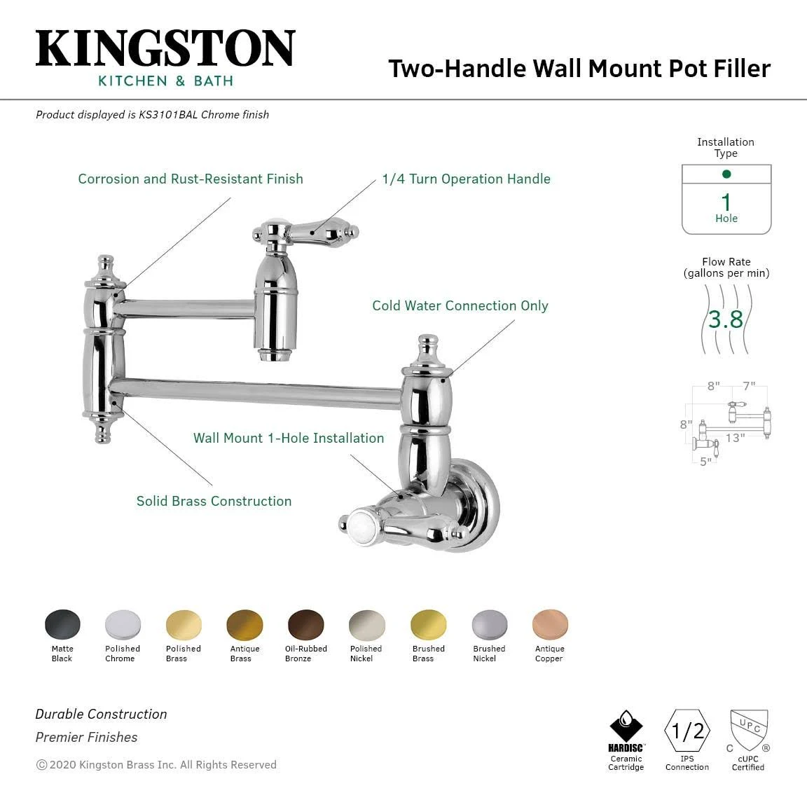 Kingston Brass KS310BALAC Heirloom Wall Mount Pot Filler Kitchen Faucet Antique Copper