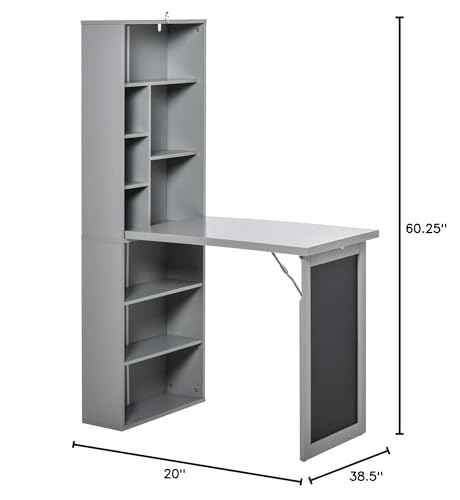 HOMCOM Fold-Out Convertible Writing Table Wall Mount Desk Cabinet with Blackboard and Side Shelf Multi-Function Home Office Workstation, Grey