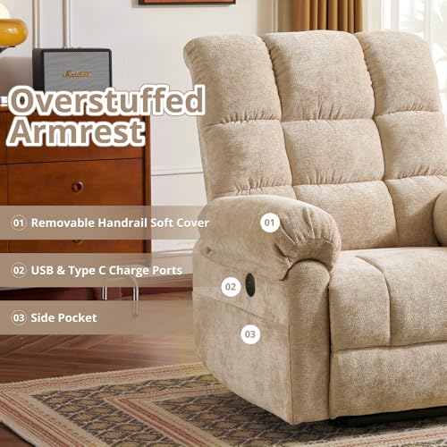 Oversized Power Lift Recliner Chair for Elderly, Extra Wide Lift Chair with Masssage and Heat, Chenille Electric Recliner Chairs for Big and Tall, USB Ports, Coffee