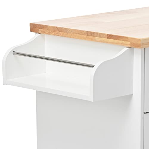Kitchen Island Cart on Wheels with Storage, Rolling Cart Cabinet with 2 Drawers 2 Open Shelves 1 Adjustable Tray, Rubberwood Top Small Microwave Removable Trolley with Spice Rack and Towel Rack