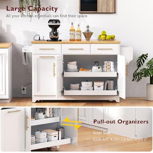 59.3" Rolling Kitchen Island on Wheels with Trash Can Storage Cabinet, Island Table for Kitchen with Power Outlet, Kitchen Cart with Drop Leaf and Internal Storage Rack (Black)