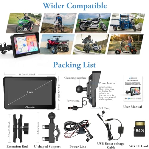 Carpuride W702 for Motorcycle, 7 inch Waterproof Touchscreen, Portable Carplay/Android Auto GPS Navigation for Motorbike, Support Dual Bluetooth, Car GPS, Siri, G00gle Assistant, TF-64G