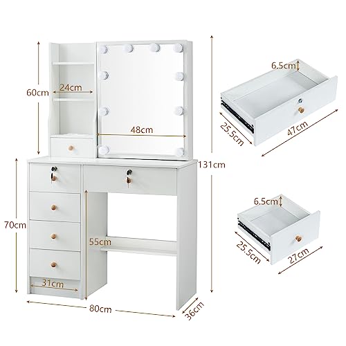 Vanity Desk Set with10 LED Lights, Makeup Vanity Table with Lighted Mirror and Charging Station, Dressing Table Desk with 5 Drawers, White Modern Vanity Set Dresser for Bedroom