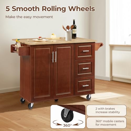 54" Large Kitchen Island Cart with Drop Leaf, Kitchen Island with Storage, Rolling Kitchen Island with Inside Cabinet, 3 Drawers, Spice Rack, Towel Rack and Wood Tabletop(Black)
