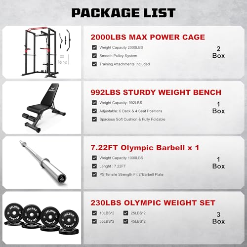 Power Cage, 2000LBS Multi-Function S11 Power Rack with LAT Pulldown, Squat Rack with Adjustable Pulley System and More Training Attachments, Weight Workout Machine for Home Gym