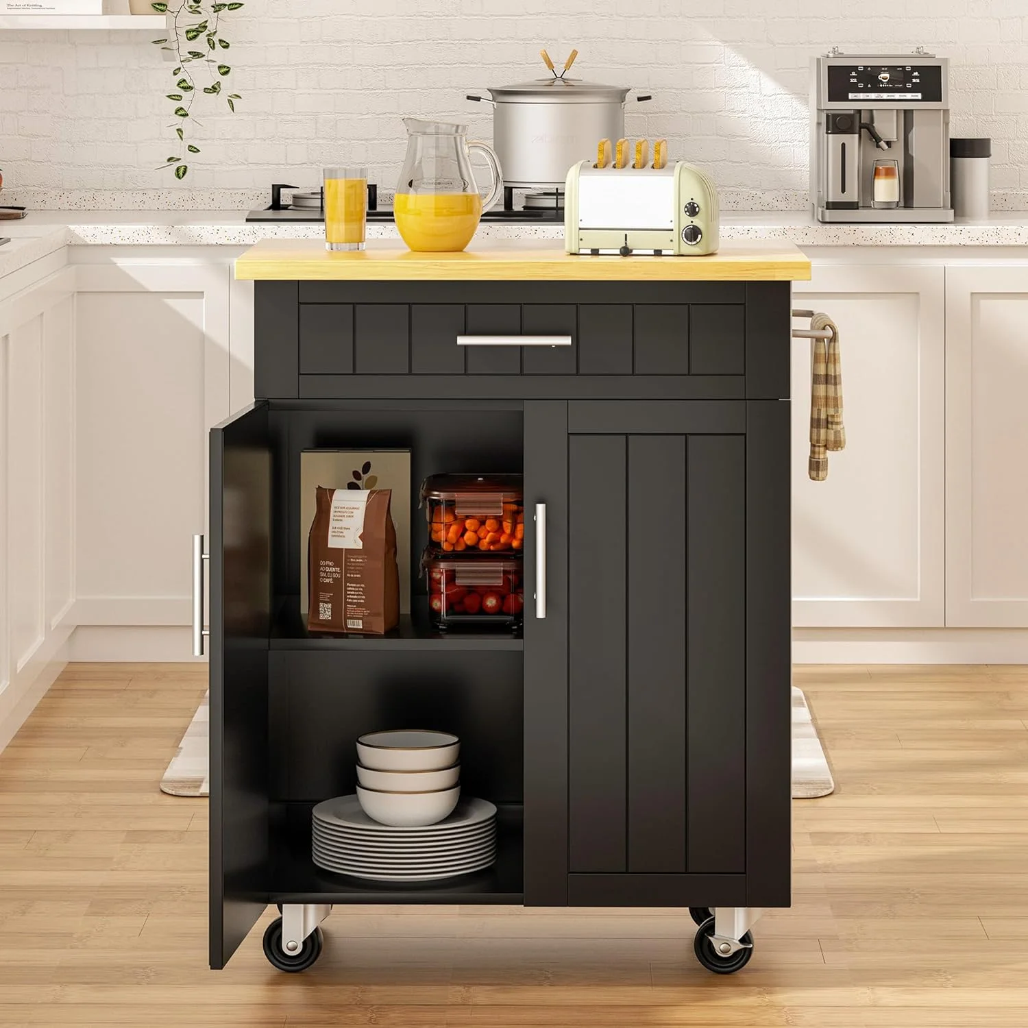 Kitchen Island on Wheels with Storage Cabinet & Drawer, 26" Width Rolling Kitchen Table, Cart Handle for Towel Rack or Free Mobility, Portable Islands for Kitchen, Dining Room(Black) - Curated Treasures Market