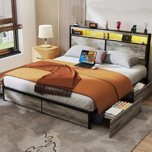 SADENICEL Queen Bed Frame with Storage Headboard and 4 Drawers, Metal Platform Bed Frame with LED Light, Charging Station, No Box Spring Needed, Noise Free, Easy Assembly, Vintage Brown