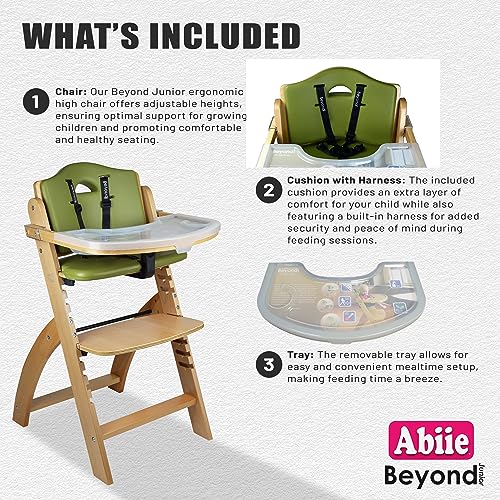 Abiie Beyond Junior Wooden High Chair with Tray - Convertible Baby Highchair - Adjustable High Chair for Babies/Toddlers/6 Months up to 250 Lbs - Stain & Water Resistant Mahogany Wood/Olive Cushion