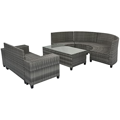 P PURLOVE 8 Piece Half Moon Sectional Round Patio Furniture Set, Outdoor Sectional Sofa Couch, Wicker Sofa Set with Washable Cushions and Glass Rectangular Coffee Table, for Garden, Backyard, Beige