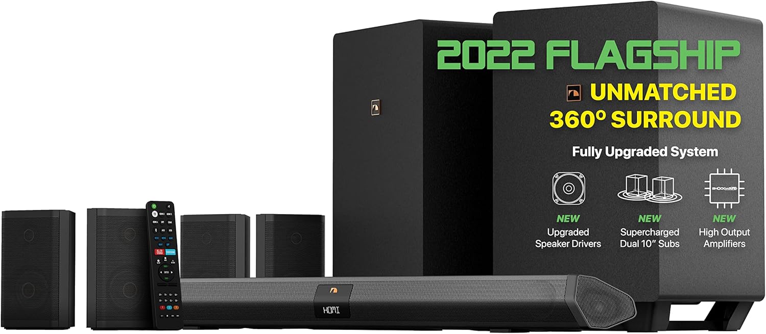 Nakamichi Shockwafe Pro 7.1.4 Channel 600W Dolby Atmos/DTS:X Soundbar with 8" Wireless Subwoofer, 2 Rear Surround Speakers. Get True 360° Cinema Surround with This Plug and Play Home Theater System