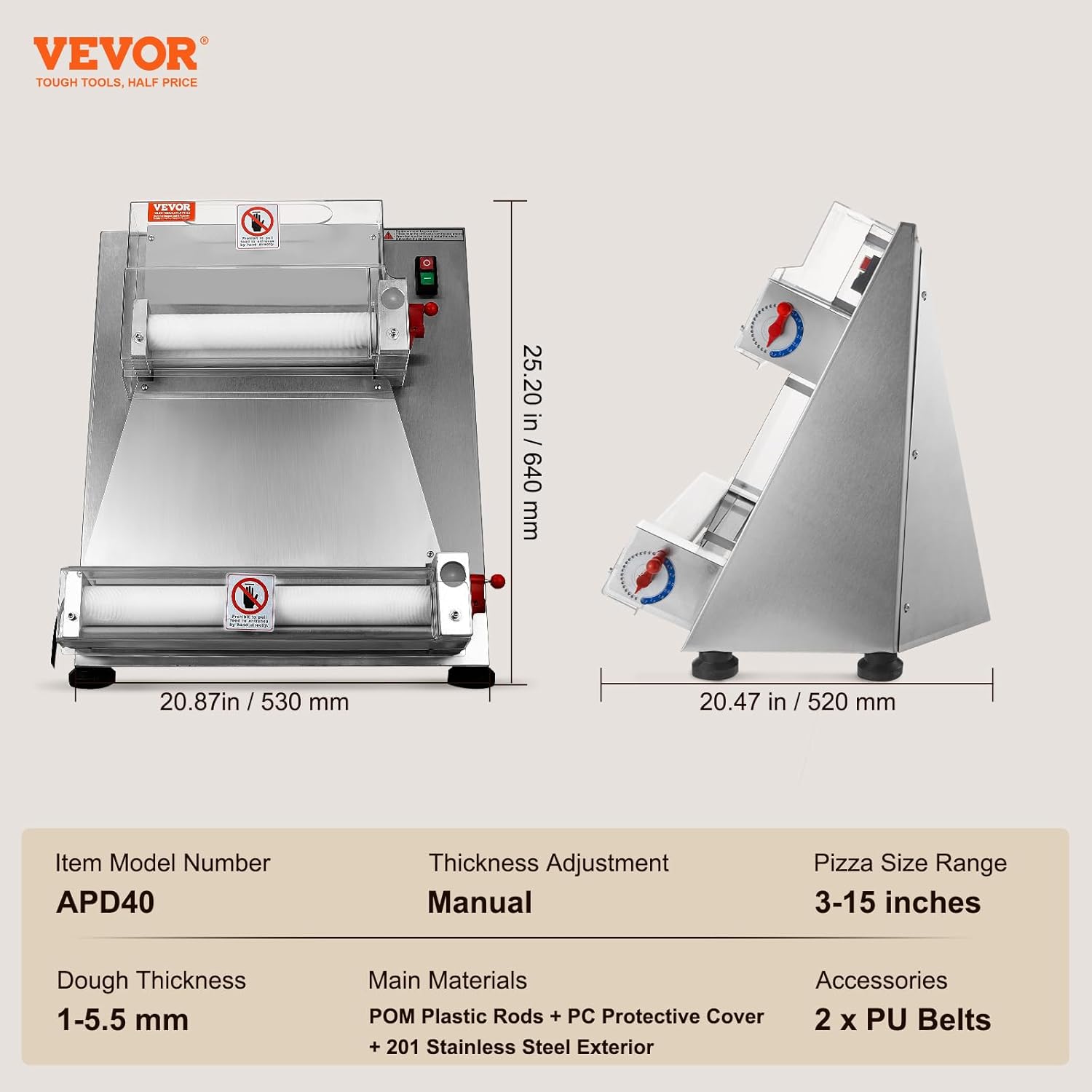 VEVOR Pizza Dough Roller Sheeter, 3-15 Inch Automatic Commercial Pizza Press, 390W Electric 260 Per Hour Dough Roller, Stainless Steel Adjustable Thickness Dough Machine, for Pasta Maker Equipment