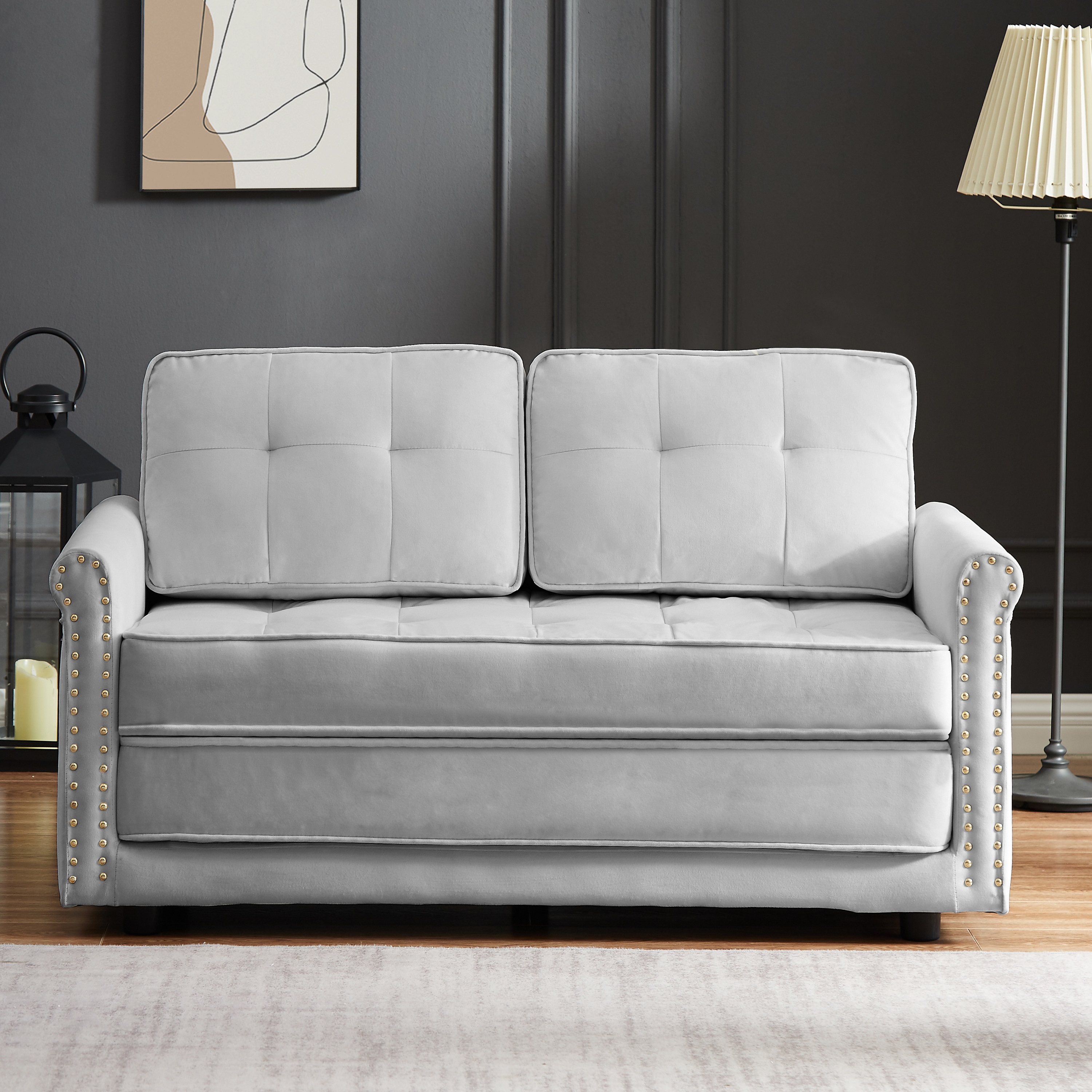 Modern Velvet Folding Convertible Couch Loveseat for Small Space, Upholstered Sleeper Futon Sofa Bed with Nailhead Arms for Living Room Bedroom