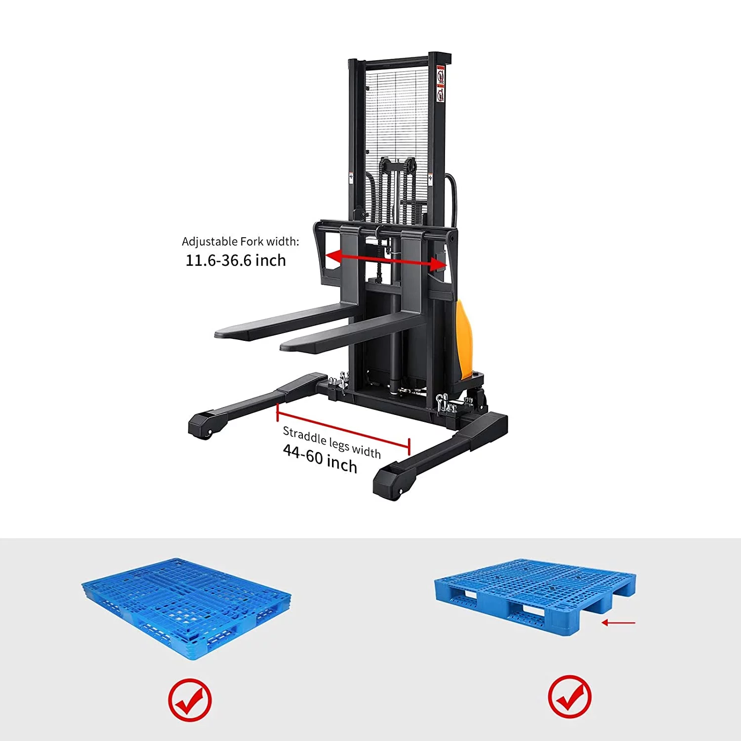 APOLLOLIFT 3300lb Cap. Semi-Electric Pallet Straddle Stacker with Adjustable Fork 98" Raised Height