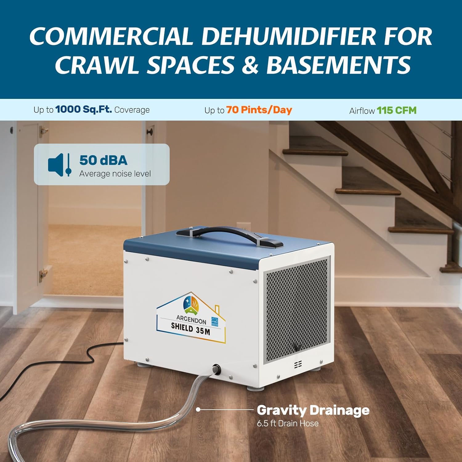 Dehumidifier for Crawlspace Basement, Energy Star Commercial Dehumidifier with Drain Hose, 70 PPD Compact Dehumidifier Ideal for Water Damage Storage Up to 1000 Sq Ft, 5 Year Limited Warranty