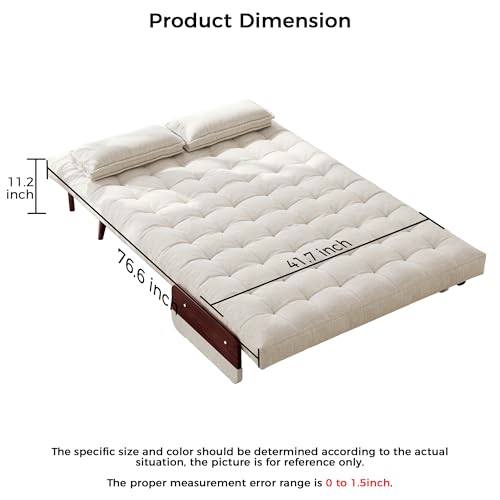 3-in-1 Convertible Chair Bed Sleeper for Adults, Linen Convertable Sleeper Chair with Wooden Arms & Pillows, Foldable Single Futon Sofa Bed (Mid Century with Walnut Arm, 36.6" Wide)