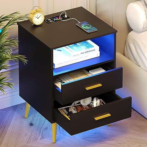 Nightstand set of 2 with Charging Station, Smart Night Stand with LED Light, Wood Bedside Table with 2 Drawers and Storage, Modern End Table for Bedroom Living Room, Grey
