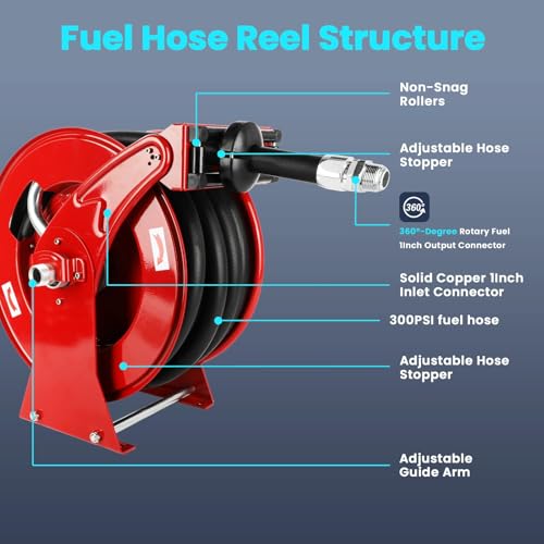 Fuel Hose Reel with Fueling Nozzle 1" x 33' Retractable Diesel Hose Reel Auto Rewind Spring Driven,300 PSI Industrial Heavy Duty Steel Construction Reels for Truck Farm Aircraft Ship Vehicle Tank